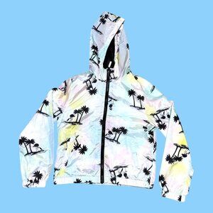 Justice Girls Size 12 Hooded Windbreaker Jacket Palm Tree Print Tropical Hoodie